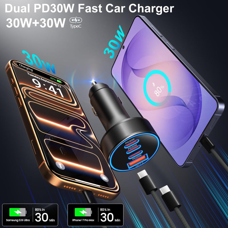 98W 4-Port USB C Fast Car Charger, 2 Pack Type C Cigarette Lighter Adapter | 4 in 1 Fast Car Phone Charger, Dual PD30W &PD 20W & QC 3.0 Cell Phone Car Charger Fast Charging for iPhone 17 16,iPad,Galaxy Black