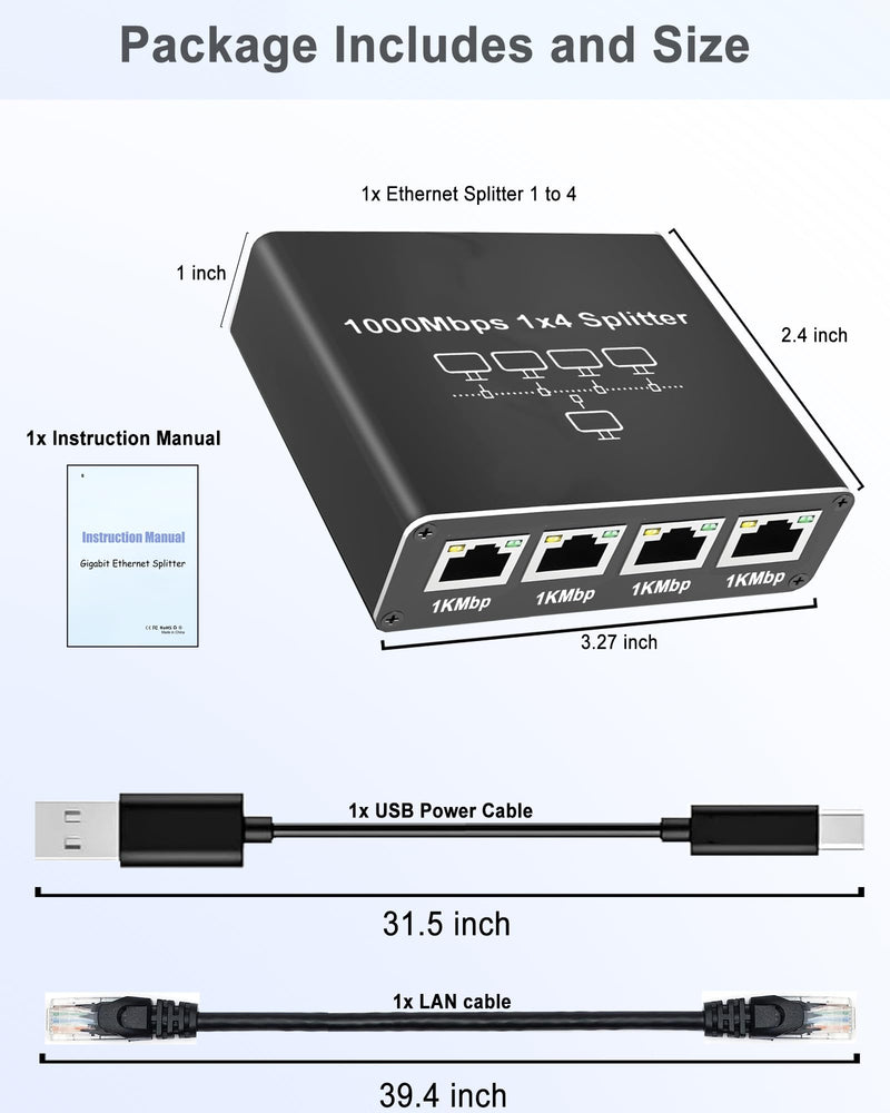 Ethernet Splitter 1 to 4, 1000Mbps High Speed Ethernet Cable Splitter with LAN Cable Cat 6 [4 Devices Simultaneous Networking], Gigabit RJ45 LAN Network Extension for Cat8/7/6/5e/5 Cable Ethernet Splitter 1 to 4 with Lan Cable