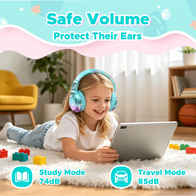 Owliwise Kids Bluetooth Headphones, 74/85dB Volume Limited, 65H Playtime, Built-in Mic, Fast Charging, Foldable Toddler Wireless Over-Ear with AUX Cord, for iPad/Tablet/Airplane,Boys Girls Cyan