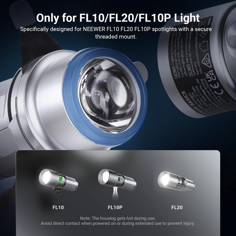 NEEWER Basics Spotlight Conical Optical Snoot Only for FL10/FL20/FL10P Photography Flashlight, 4X Brighter Projector Attachment with Adjustable Focus, 30° Beam Angle, 20 Metal Gobos, LS01