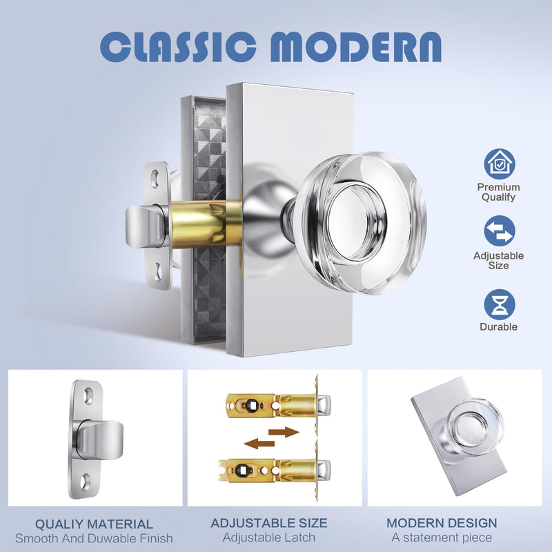 Passage Glass Door Knob Interior Crystal Door Knobs for Hall Closet, Polished Chrome Passage 1 Pack