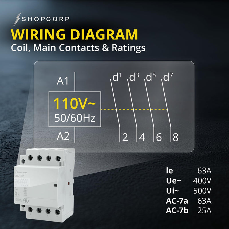 4 Pole Contactor 120v Coil Normally Open (NO) 60 amp IEC 400V AC Contactor - 110/120VAC Coil, Motor Load 40a and Lighting Load 60A, Silent Operation with Mounting Base for DIN Rail 1 Pack