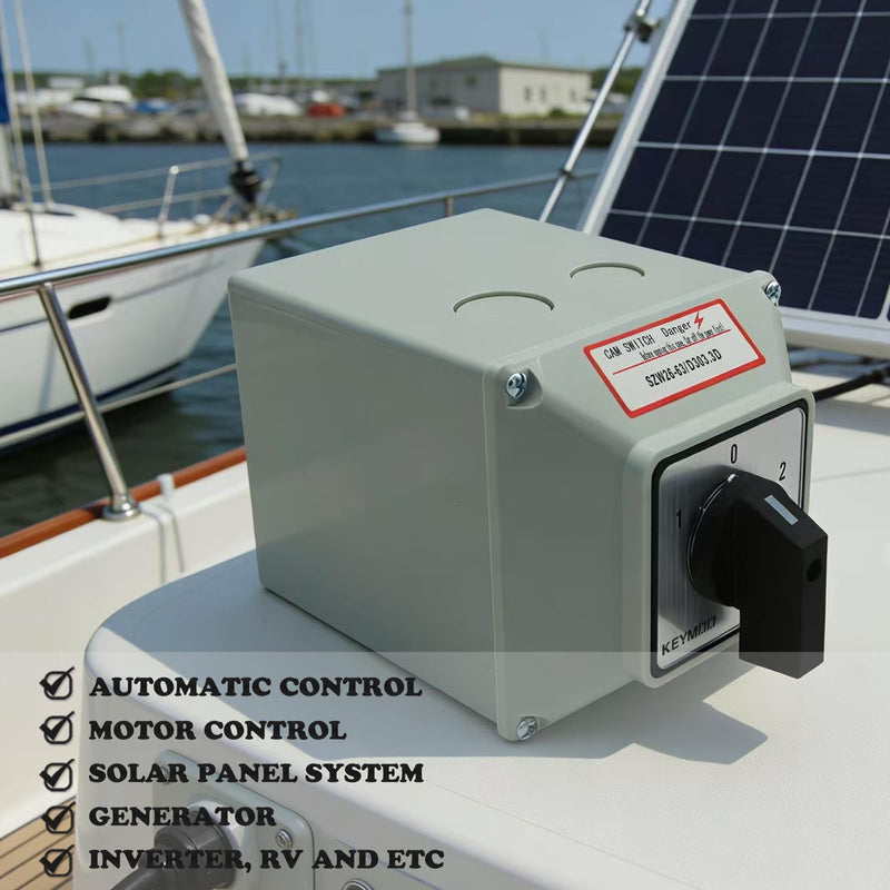 63A Rotary Changeover Selector Switch with Exterior Box, 2-Way 3NO 3NC, 660V 3 Position 3 Phase 12 Terminals Universal Selector Switch for Solar and Grid Power Switching