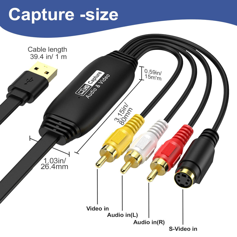 VHS to Digital Converter 1080P,USB Video Capture Card Device,RCA to USB,Video Converter for VHS VCR Hi8 Mini DV to Digital,for Tape Player Camcorder PC TV DVD Mac OS Windows