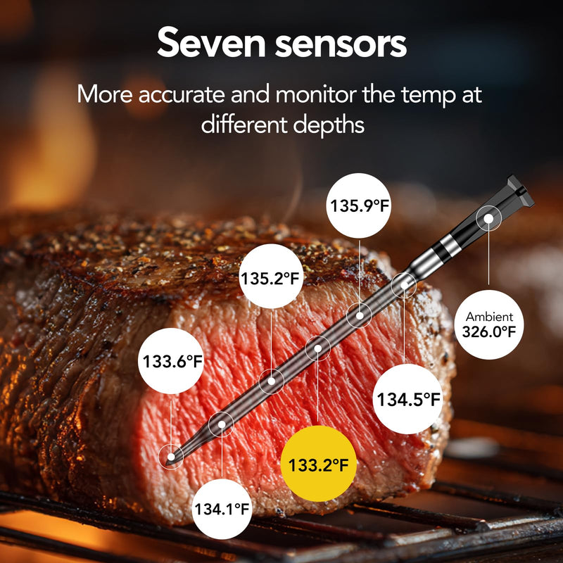 WiFi Sub-1g Wireless Meat Thermometer Unlimited Range with Digital Smart Base 7 NIST Certified Sensors with Ambient Temp Monitor for BBQ, Grill,Oven, Smoker(1, Black, Small) 1