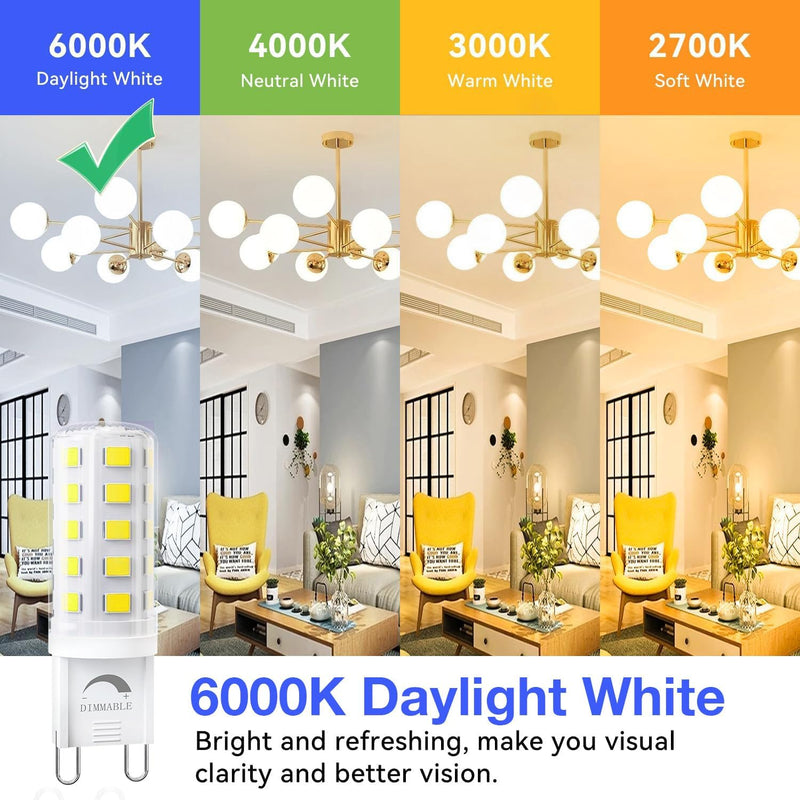 dalattin 24 Pack Dimmable G9 LED Bulb 4W Equivalent 40 Watt, 6000K Daylight White, T4 G9 Bi-pin Base Halogen Replacement, G9 Socket Light Bulb for Chandelier Wall Sconce, 450LM, 120V Daylight White 6000k