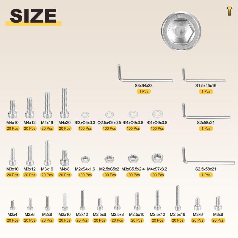 METALLIXITY Socket Head Cap Screws Kit (M2x4/6/8/10/12,M2.5x8/10/12/16,M3x6/8/10/12/16) 1200Pcs, Stainless Steel Allen Socket Drive - Machine Internal Hex Screw, Silver M2,M2.5,M3mm 1200