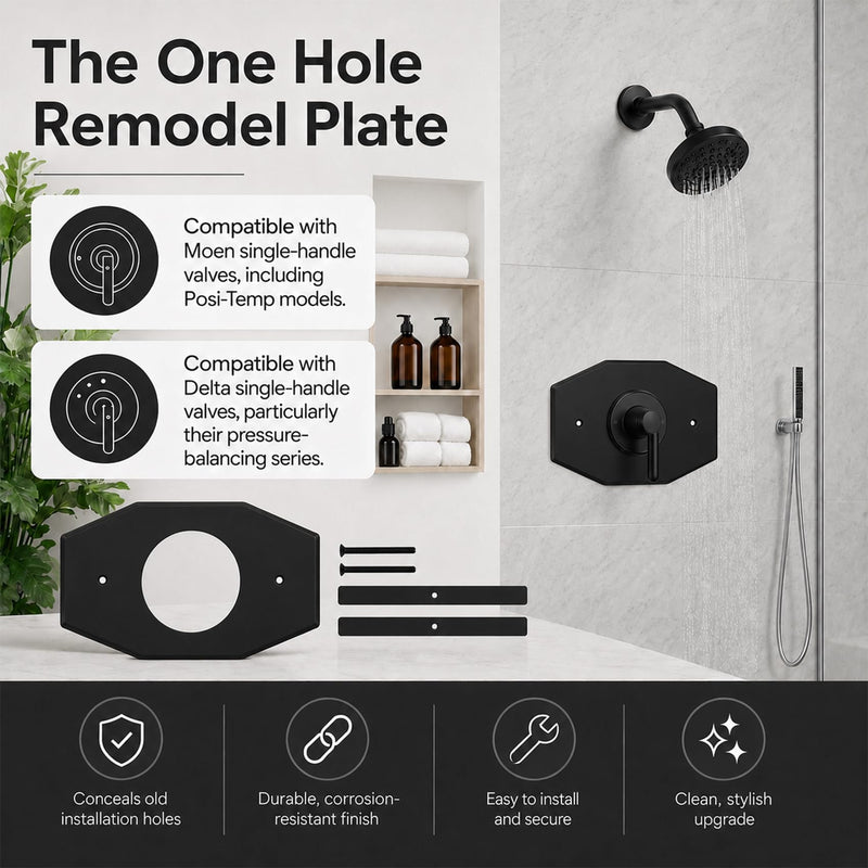 One-Hole-Remodel-Cover-Plate Compatible with Moen & Delta Shower Valve Trim Single Hole Renovation Shower Cover Plate for 2 Handle or 3 Handle Shower(Black) Black