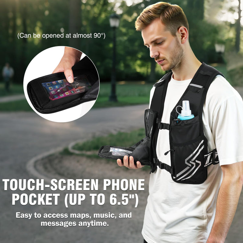 Running Vest for Women Men, Running Hydration Vest with 500ml Soft Flask & Touch-Screen Phone Pocket, Reflective Lightweight Hydration Backpack for Hiking with Adjustable Chest Waist Straps Medium-Large (Chest 33"-48")