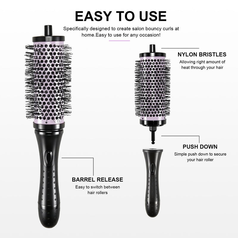 Round Hair Brush Set Detachable Handle Hair Roller Brush 3 Sizes Round Hair Brush for Blow Drying with 6 Positioning Clips,6 Barrels 1 Handle () Purple