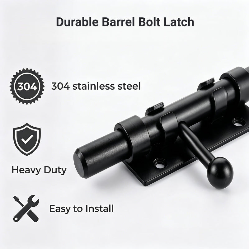 Barrel Bolt Latch,6.3 inch Slide Bolt Gate Latch,14mm Bolt Heavy Duty Shed Door Latch,304 Stainless Steel Black Finish Door Lock Latch for Barn, Wooden Fence, Slide,Door (2, Black-7.7inch) 2