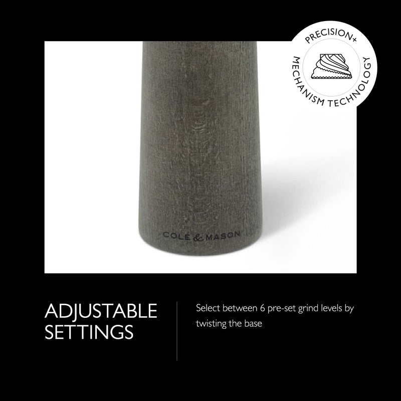 Cole & Mason Marlow Rustic Grey Wood Pepper Mill - Balanced Pepper Grinders - Refillable Spice Tools - Adjustable Peppercorn Grinder Settings - Dark Grey Marlow Gray