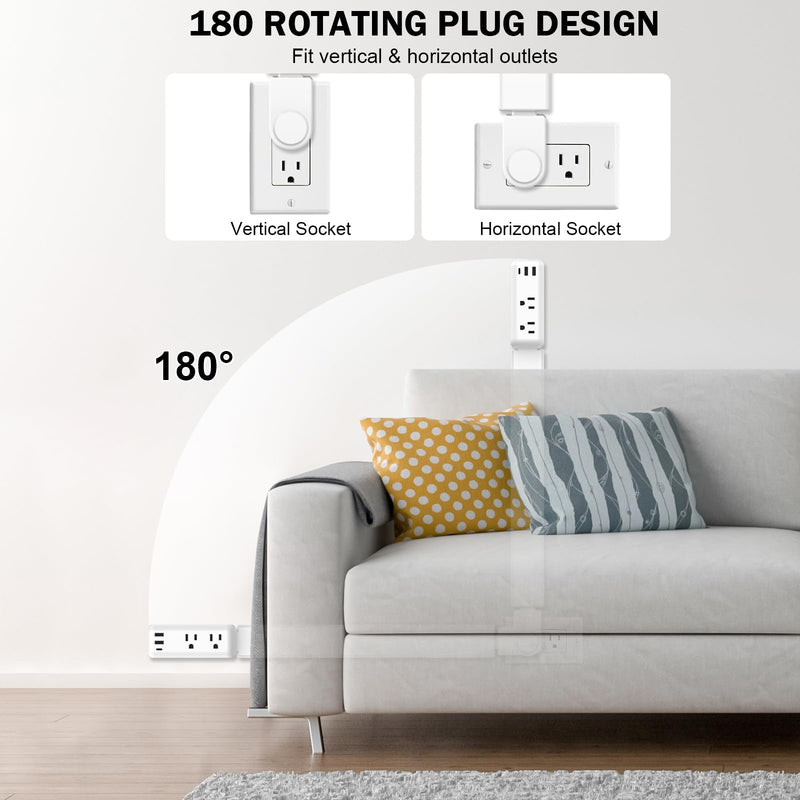 Extendable Electrical Outlet Extender Stick, 2 AC Outlets with USB-A & USB-C Ports, 22"-34" Adjustable Length, 180° Rotatable Wall Power Socket Expander for Nightstand, Sofa, Desk Hard-to-Reach Plugs