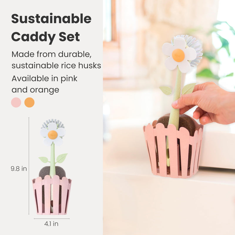 Vigar Florganic 3-in-1 Kitchen Sink Caddy Set, Flower-Shaped Dish Brush, Sponge, Fence-Shaped Holder and Suction Cup, Ideal Sink Organizer, Pink