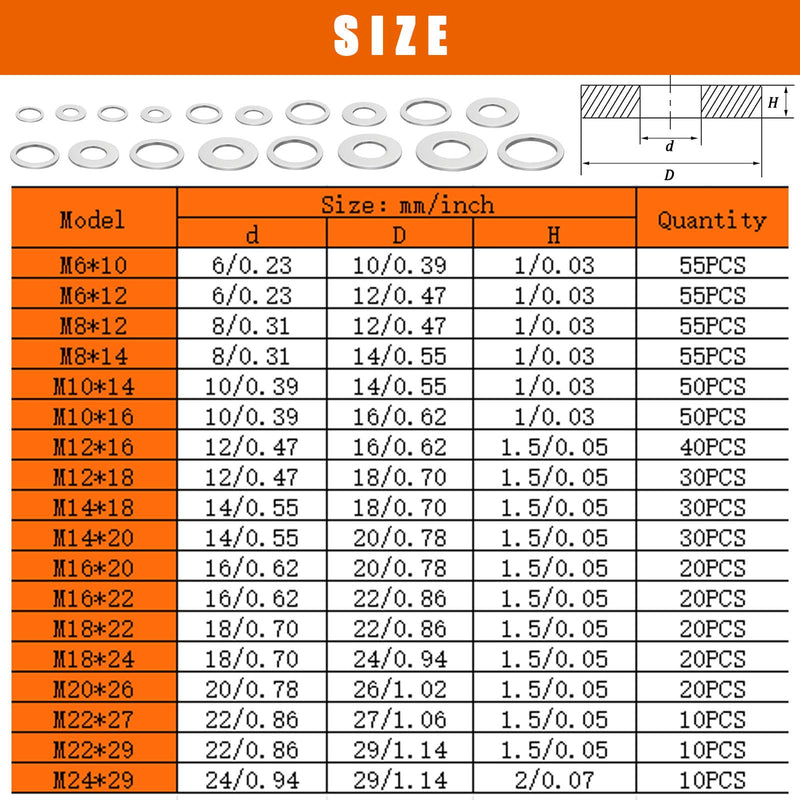 580PCS Oil Crush Washer,18 Sizes Oil Drain Plug Gaskets Assortment Kit,Automotive Aluminum Drain Plug Washer M6 M8 M10 M12 M14 M16 M18 M20 M22 M24 580PCS Aluminum Washer