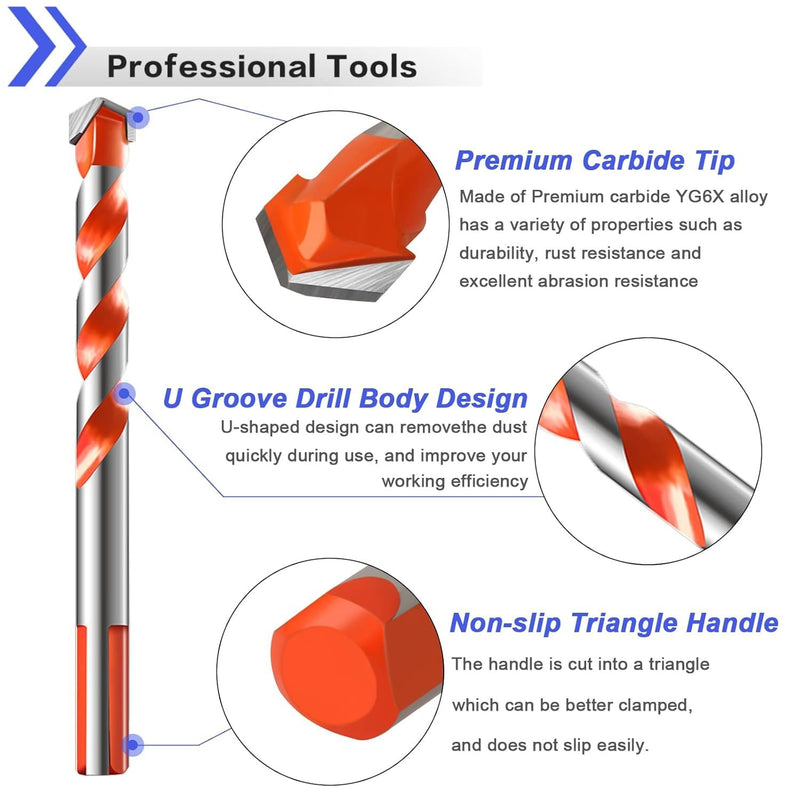 12 Piece Masonry Drill Bit Set for Concrete and Tile Industrial Grade Carbide Hammer Drill Bits 3mm-12mm No Slip Shank for DIY and Pro Projects 12