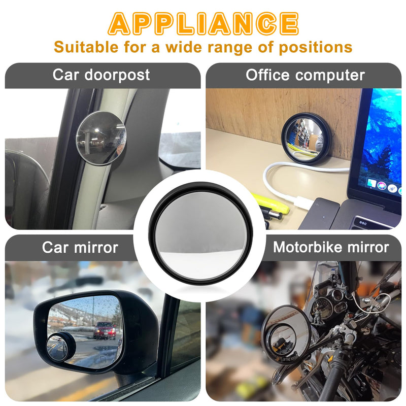 PSLER 2" Round HD Glass Convex Rear View Mirror with Frame, 360 Wide Angle Side View Mirror Accessories with Self Adhesive Back for Car, SUV and Trucks, Black
