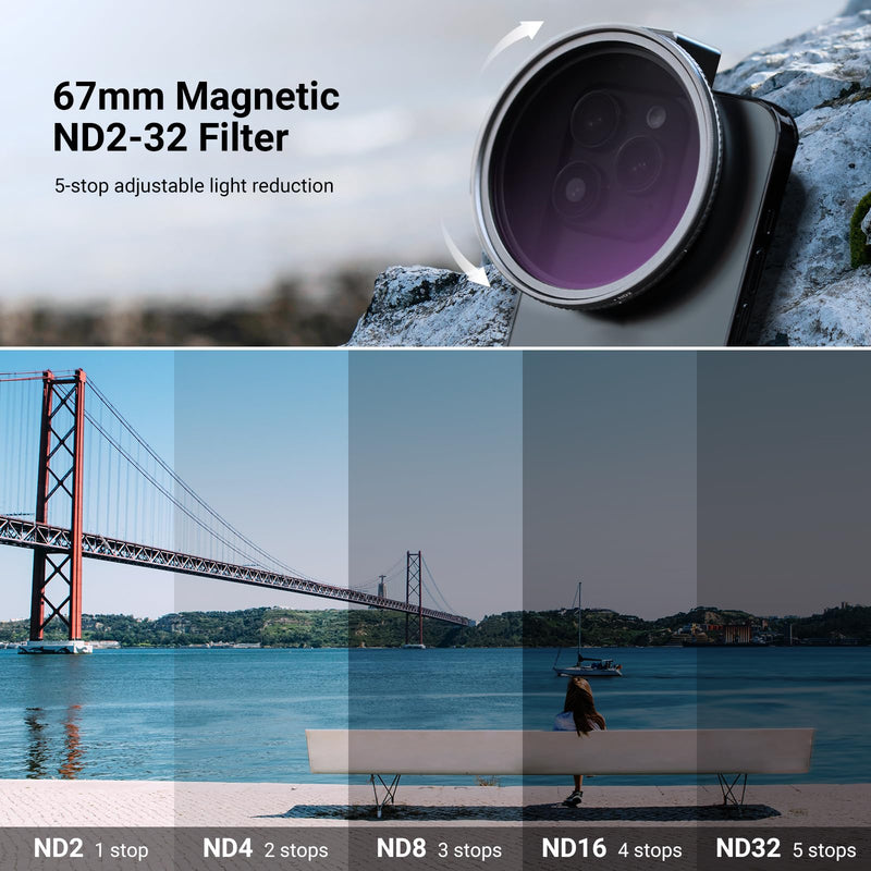 NEEWER 67mm Variable ND Filter & Magnetic Phone Clip Set, Adjustable ND2-32 HD Neutral Density Mobile Photography Accessories, Compatible with iPhone 17 Pro Max Samsung S26 Ultra