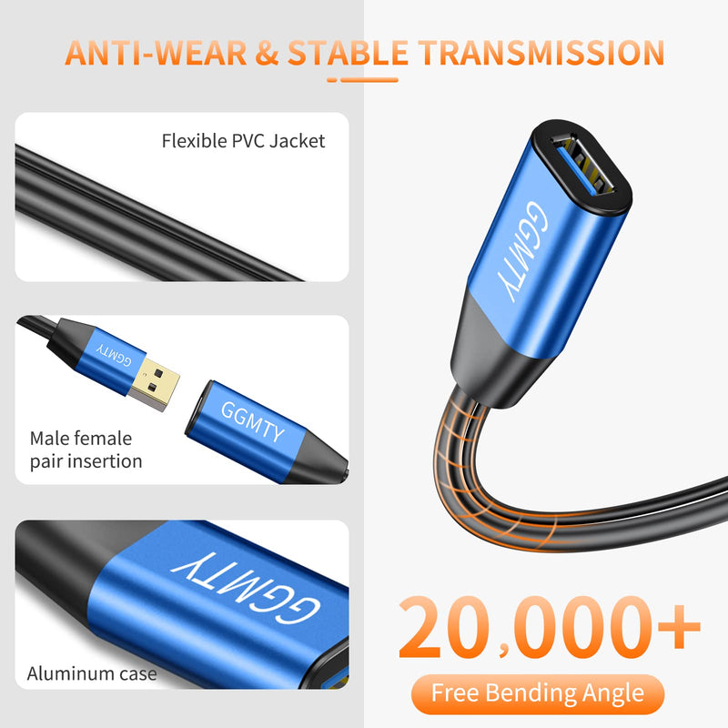 USB 2.0 Type A Male to A Female Active Repeater Extension Cable 65ft, High Speed 480 Mbps Blue