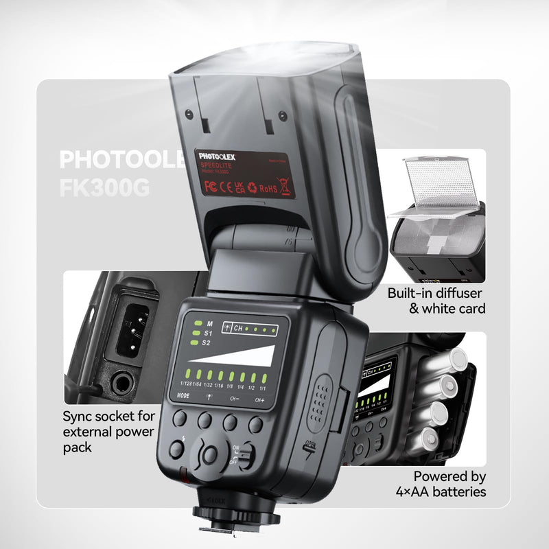 PHOTOOLEX FK300G Camera Flash Speedlite GN33 with Trigger | Universal hot shoe for Canon, Nikon, Sony, Fuji. 2.4G wireless, 8 power levels, M/S1/S2 modes with flash trigger