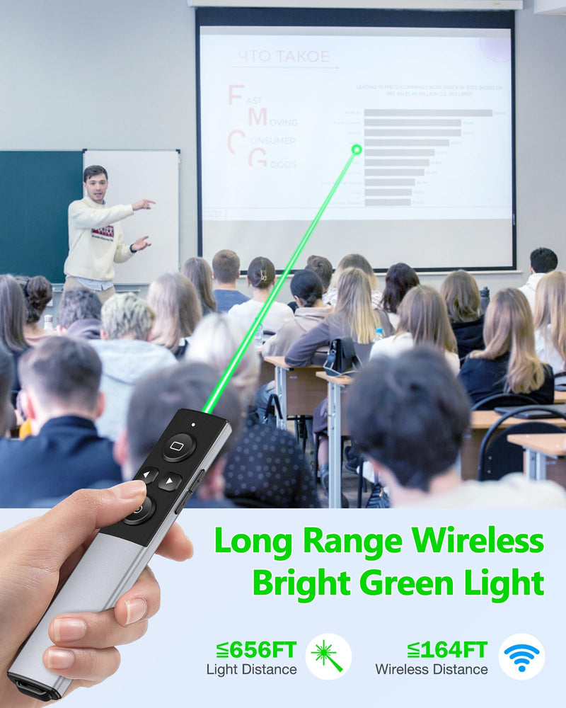 Wireless Presentation Clicker- Clicker for Powerpoint Presentations- Rechargeable Presentation Remote, Slide Advancer for Keynote/PPT/Mac/PC/Laptop Green Light-Rechargeable & Metal