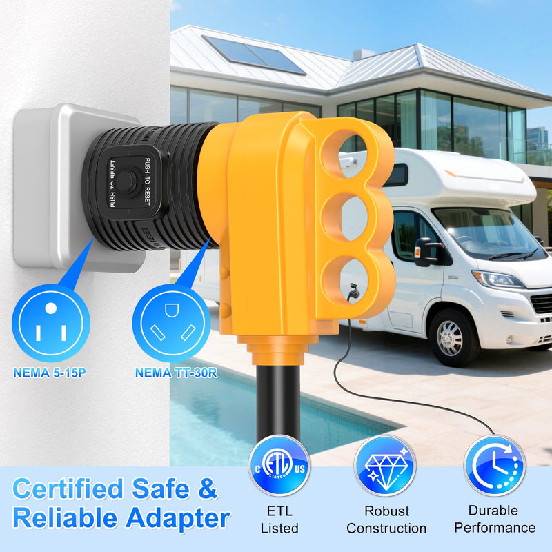 30 Amp to 110 AdapterNEMA 5-15P Male Plug to NEMA TT-30R Female Receptacle with 15A Rated Breaker Grounding House Power to RV Camper ETL Listed