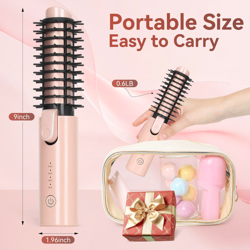 Cordless Curling Iron Brush, 3-in-1 Portable Travel Hair Curler & Straightener Wand, 7000mAh USB Rechargeable, 4 Heat Settings Anti-Scald Ionic Mini Hot Brush for Styling, Smoothing (Pink) Pink