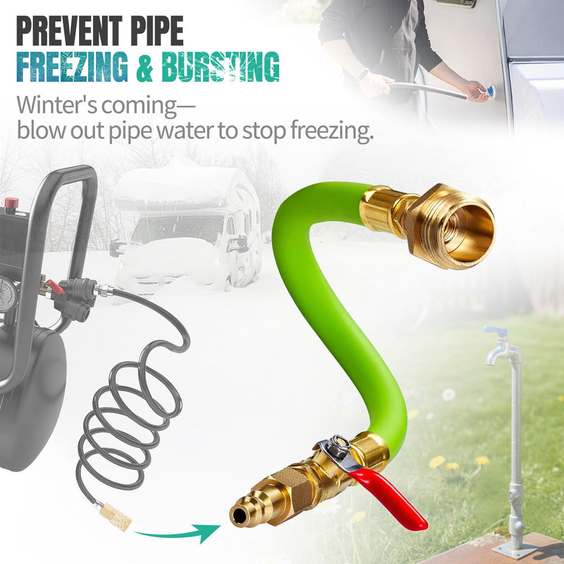 Lead -Free Brass 16.9" Winterize Sprinkler System RV Motorhome Boat Camper and Travel Trailer: Air Comp Quick-Connect Plug To 3/4" Garden Hose Faucet Blow Out Adapter Fitting with Valve