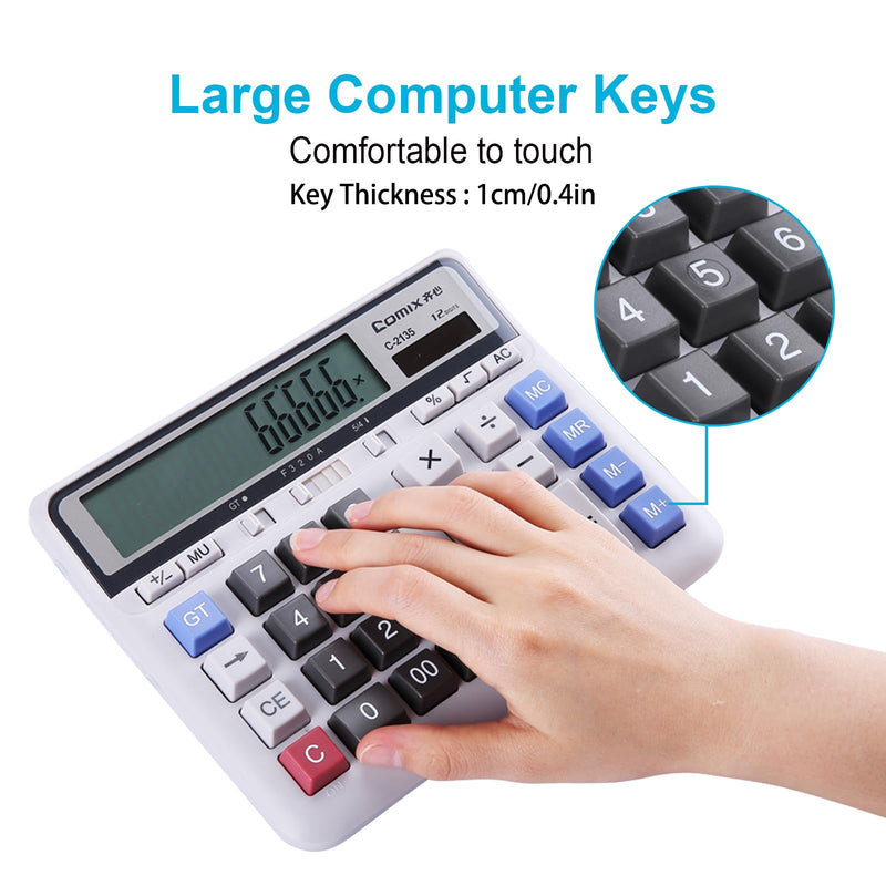 Comix Desktop Calculator Solar Battery Dual Power with 12-Digit Large LCD Display and Large Computer Keys Standard Function Calculator for Home Office School, White(2 Pack) White 2Pack