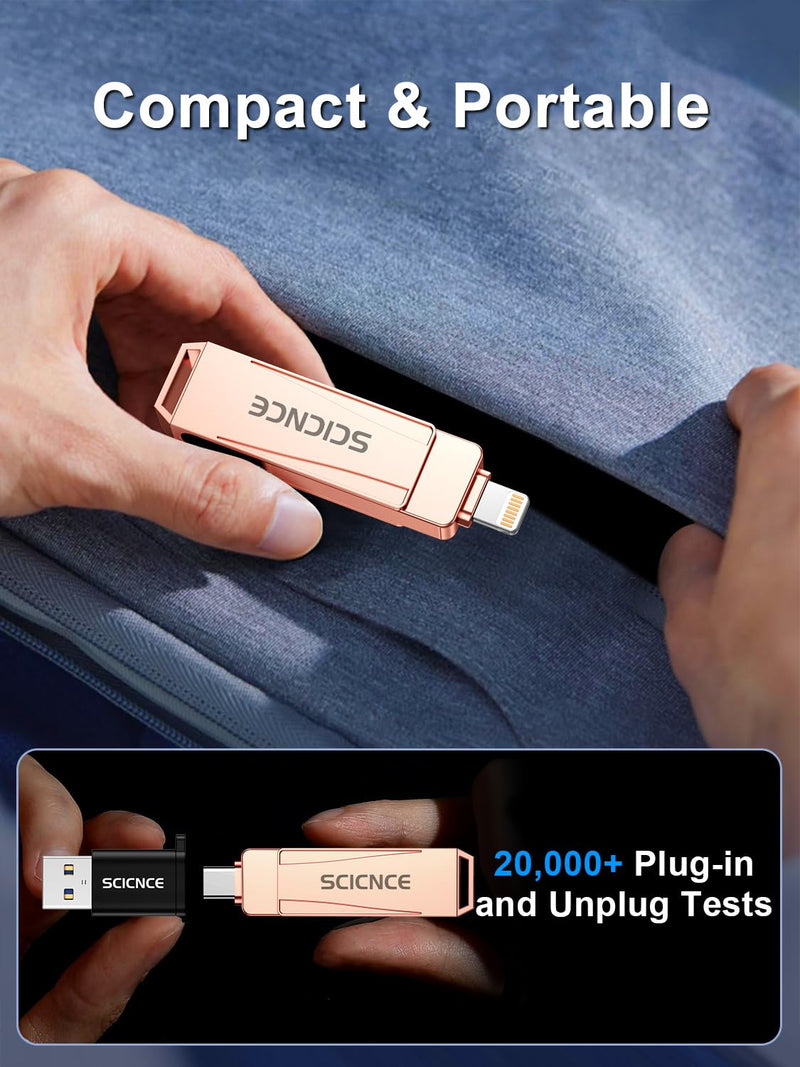 SCICNCE 512GB Flash Drive Intended for iPhone, USB Memory Stick Storage Backup for Photos Videos, Plug and Play No APP Required, Compatible with iPhone iPad Android and Computers (Rose Gold) Rose Gold