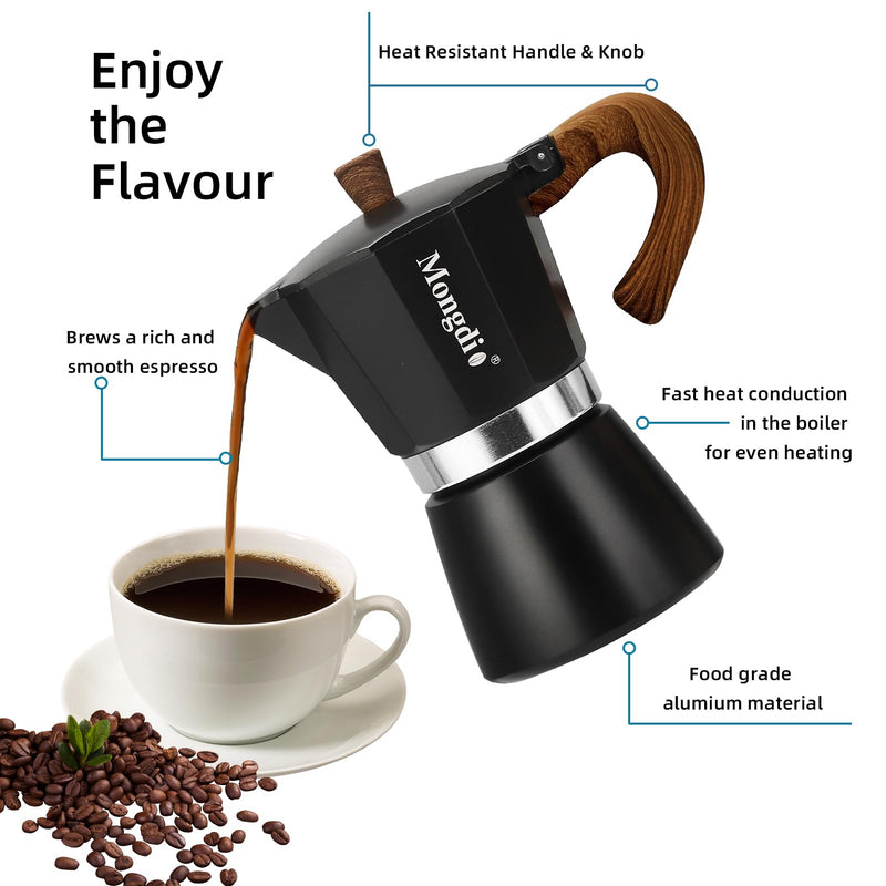 Mongdio Stovetop Espresso Maker Moka Pot, Cuban Coffee Maker Stove top coffee maker Moka Italian Espresso Greca Coffee Maker Brewer Percolator, 6 Espresso Cups, 10 oz - Black 6 cup