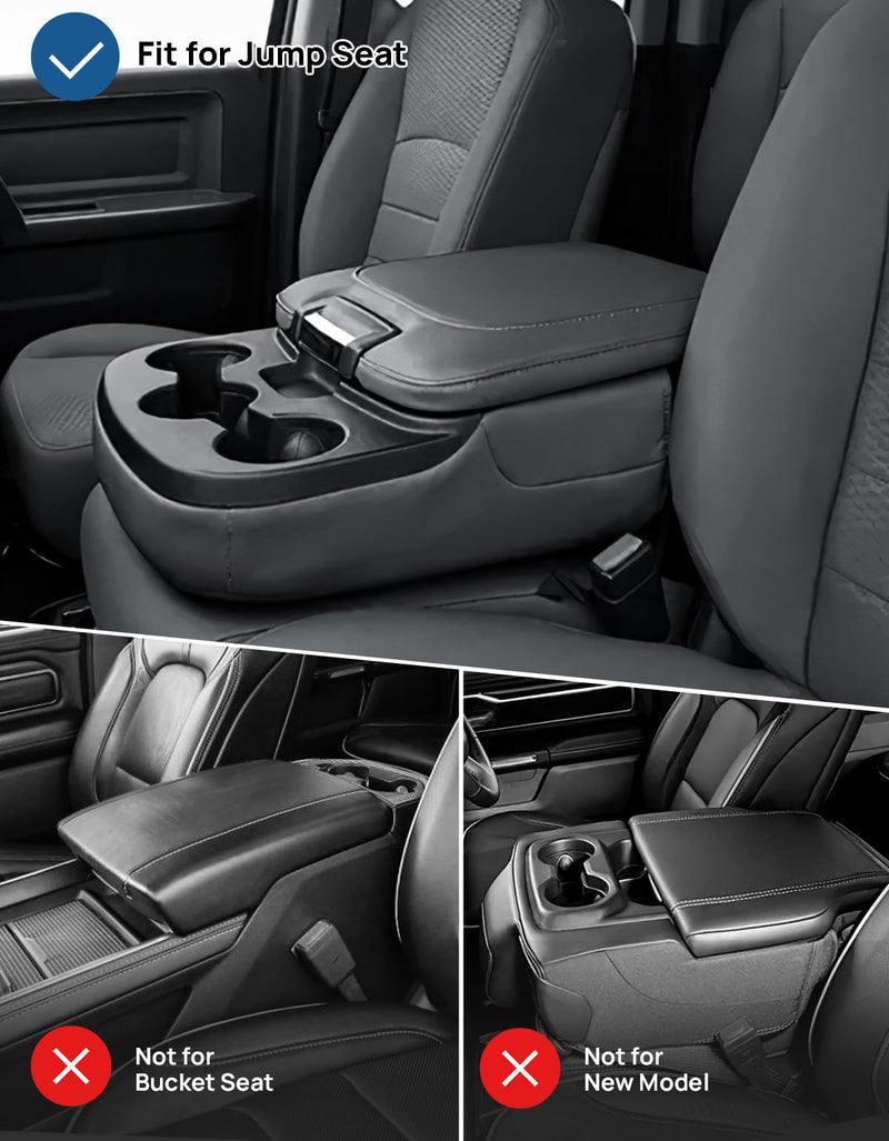 JOYTUTUS Center Console Cover Compatible with 2013-2018 Ram 1500 & 2013-2025 Ram 2500/3500/1500 Classic Model Jump Seat, Leather Arm Rest Armrest Cover for Car, Middle Console Cover Lid, with 2 Pocket Jump Seat Console 2013-2025 Ram