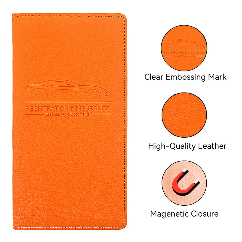 Car Registration and Insurance Holder, Premium Pu Leather Vehicle Glove Box Organizer - for Driver License, Cards & Essential Documents (L-Orange) Large Orange
