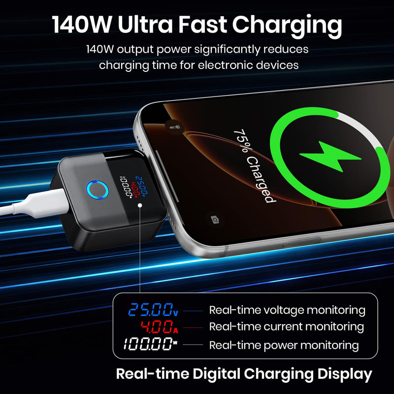140W AI Smart Auto Stop Charging Adapter with LED Display | Type C Auto Cut-Off Charger Protector, Prevent Battery Aging and Extend Equipment Lifespan for Phone Laptop（Black） Black