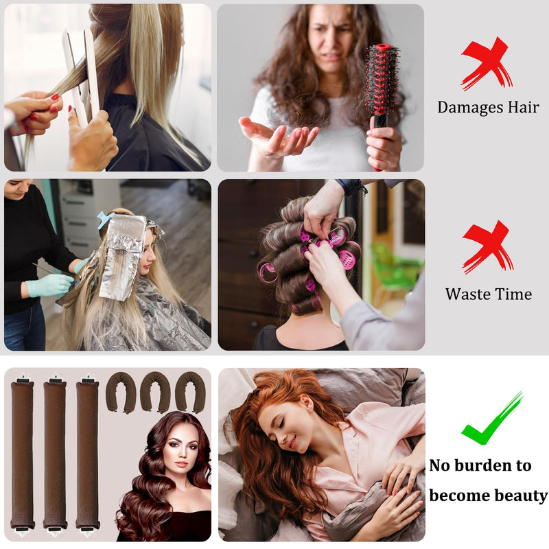 KEYRI 3 PCS Heatless Curlers Heatless Curling Rod Overnight Hair Curlers | Soft Hair Roller Rods with Hook Heatless Curling Set Overnight Curls Hair Curlers Brown