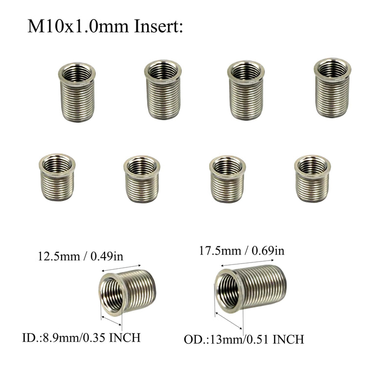 1 Set Spark Plug Thread Repair Replacement Kit, Stainless Steel M10x1.0mm Inserts and M12x1.0 Tap Kit for Automotive Engine Repair
