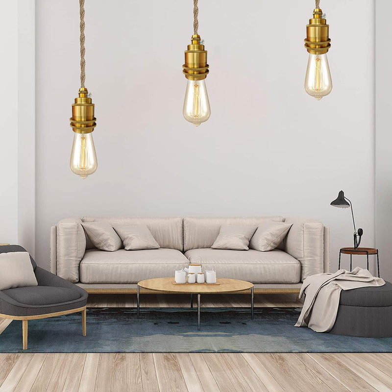 2 Pack Gold Pendant Light Cable DIY Kit, Industrial Vintage Plug in E26 Socket Hanging Lamp, Hemp Rope Hanging Lighting with Switch for Bedroom Hallway Kitchen Living Room Farmhouse(Bulb Not Included) Gold-3M-2PC