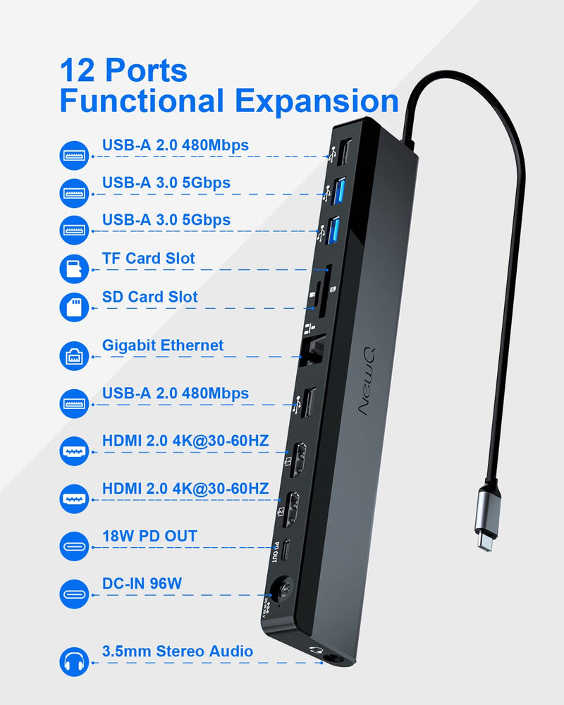 USB C Docking Station Dual Monitor with Power Adapter: NewQ 12-in-1 Thunderbolt 3 | 4 Dock, Dual 4K HDMI, 4 USB, Audio, Ethernet, SD/TF Slot, 18W PD Out, for Mac, HP, Dell, Lenovo, Surface, Asus, Acer 96W Power Adapter with 96W Power Adapter