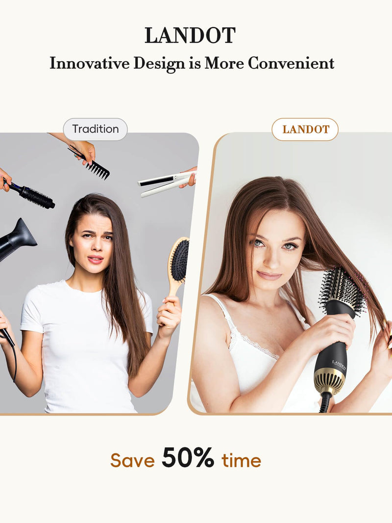 LANDOT Hair Dryer Brush, Hot Air Styler Volumiser, 60mm Oval Blowout Brush | Ionic Blowdry Brush for Drying Smoothing and Volumizing, Anti-frizz Ceramic Titanium Barrel, 3 Heat & 2 Speed, All Hair Types Black/Gold
