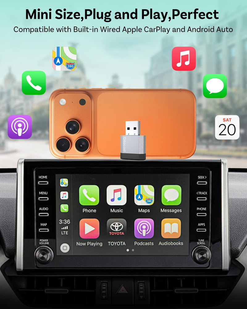 OTTOCAST Mini Nova Wireless CarPlay & Android Auto USB-C Adapter | 2-in-1 adapter for iPhone iOS 10+ & Android 11+, auto-reconnect for 800+ wired CarPlay vehicle models (2016+)