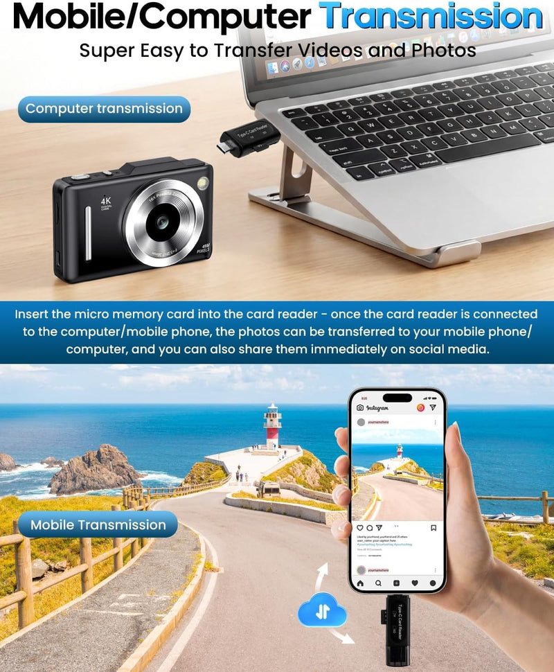 Digital Camera 4K for Kids-48MP Autofocus Vlogging Camera with 32GB Card, 16X Zoom, Anti-Shake, Compact Point and Shoot Camera for Teens Beginners, Birthday Gift Black