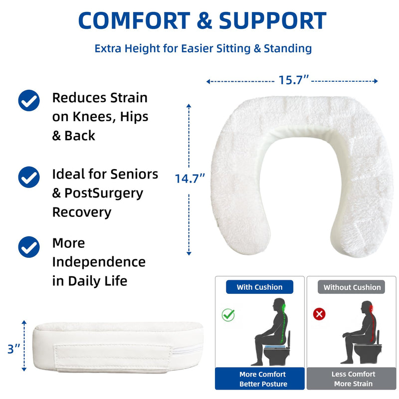 Toilet Seat Riser Cushion, 3-Inch Padded Toilet Seat Cushion for Seniors, Firm High-Density Foam with Secure Fastening, Stable and Non-Slip, Fits Standard and Elongated Toilets White 3 Inch Plush