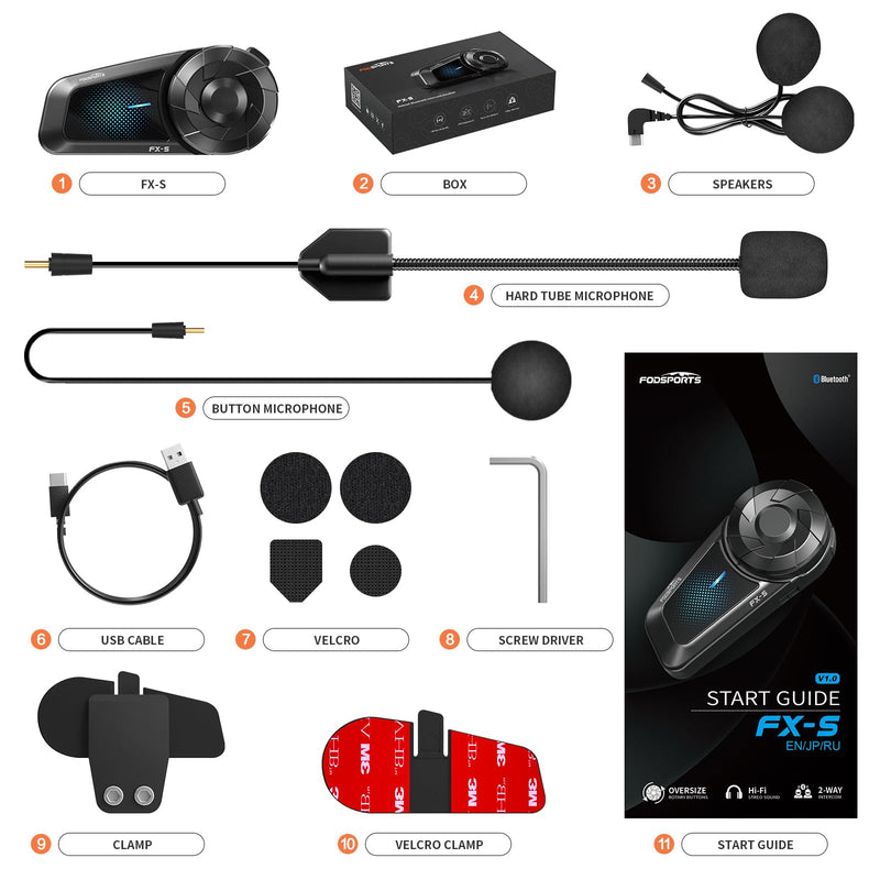 Fodsports FX-S Motorcycle Bluetooth Headset V5.4, 2-Way Helmet Intercom Communication System with IP67 Waterproof, CVC Noise Cancellation, Hands-Free Music/Call, 2 Type Mics, Black, 1 Pack Single Pack