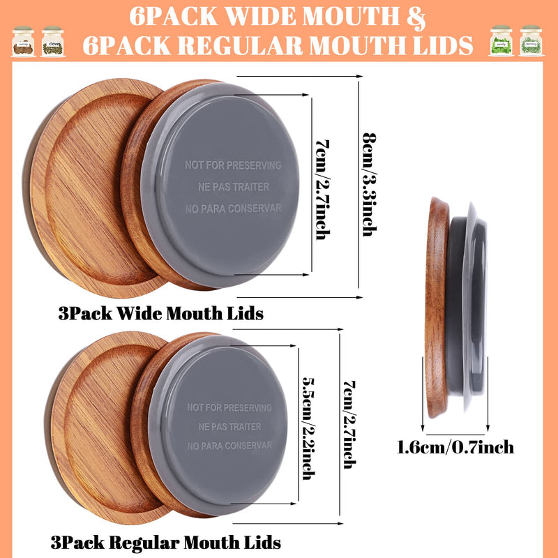 6Pack Regular Mouth and 6Pack Wide Mouth Mason Jar Lids Acacia Wooden Storage Canning Jar Lids Ball Jars Bamboo Wooden Lids with Airtight Silicone Seal, Brown 6Regular Lids+6Wide Lids