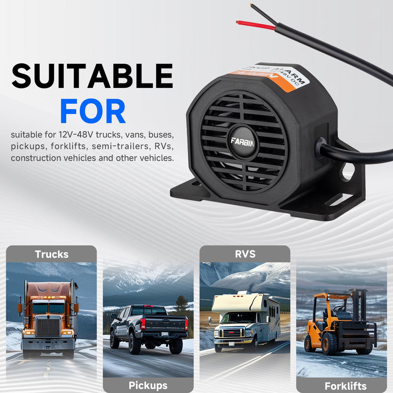 FARBIN Truck Back up Alarm 110dB 12V-48V DC Car Reverse Alarm Horn Heavy-Duty Backup Warning Reversing Warning Alarms Waterproof Back Up Beeper (HT Equipped with Wire) HT Equipped with Wire