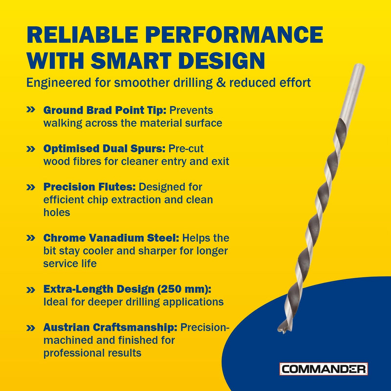 Fisch Premium Brad Point Drill Bit, 3/8" x 250mm, High-Accuracy Woodworking Bit with Beveled Edges for Smooth, Tear-Free Holes, Ideal for Professional & DIY Use, Made in Austria