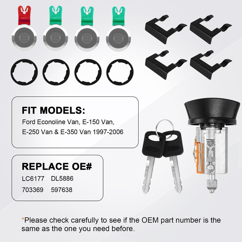 For 1997-2006 Ford Econoline, E-150 E-250 E-350 Vans Ignition Switch Lock Cylinder +4 Chrome Door Lock Cylinder Tumbler Set With 4 Clips With 2 Keys LC6177+703369 X4+597638 X2 (No Chip) LC6177+703369 X4+597638 X2 (No Chip)
