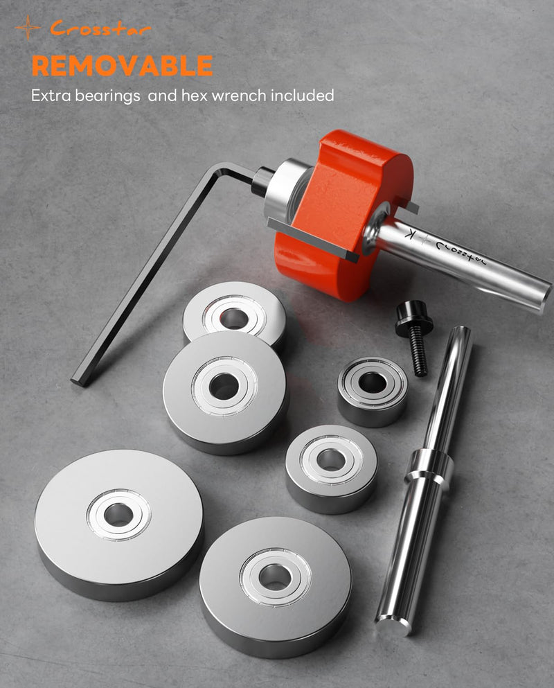 Crosstar 6Pcs Rabbeting Router Bit Set with 6 Bearings - 1/4" Shank Carbide Tipped Bits for Woodworking - Includes 1/4", 5/16", 3/8", 1/2", 3/16", 5/8" Height Cutters & 6 Sizes Bearings