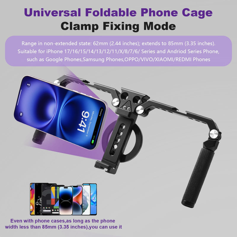 OPC01 Foldable Phone Cage Handheld Stabilizer,Foldable Magnetic Smartphone Cage with Handle and Magnetic Sticker for iPhone 17/16/15/14/13/12/11/10 Series and Andriod Phones for Photographer