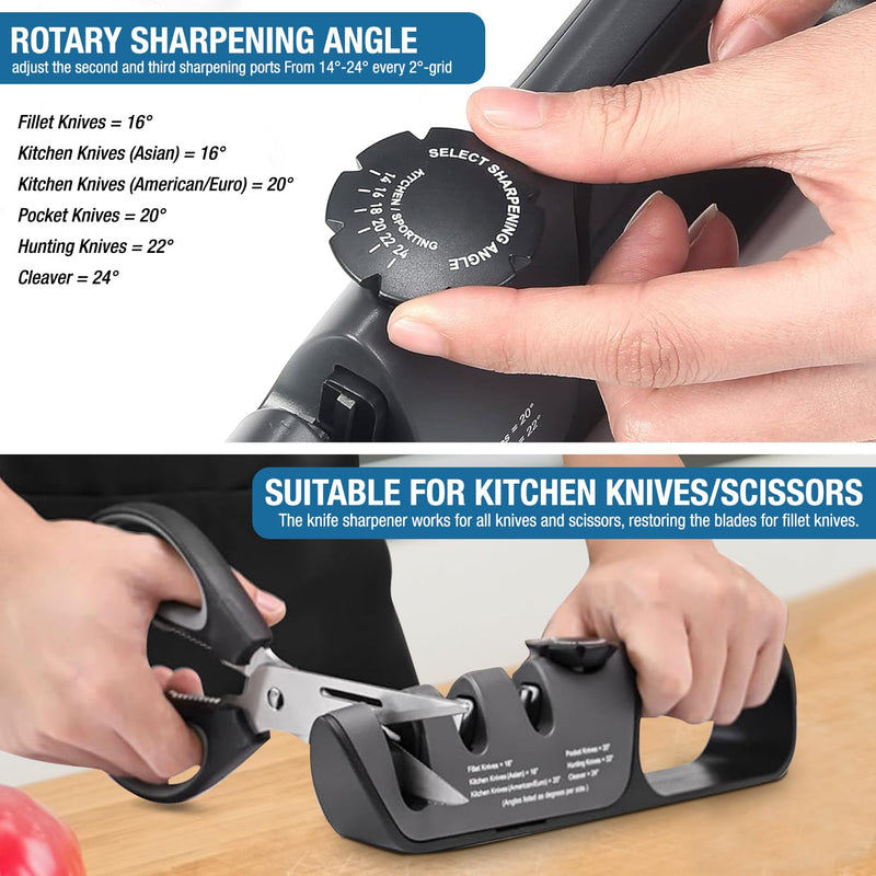 Adjustable Knife Sharpener Kit – Angle Control, Non-Slip Base & Ergonomic Handle – Safe Kitchen Knife Sharpener for Steel & Pocket Knives – Sharpening Tool with Scissors Slot